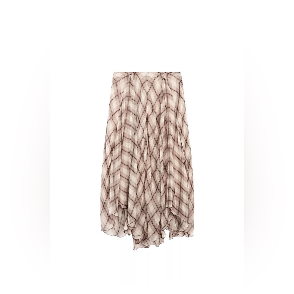 Zara Beige and Brown Pleated High-Low Plaid Skirt